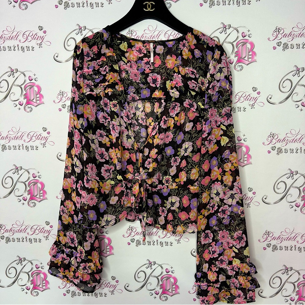 Free People Blouse Floral Flowers Rainbow Mixture Neon Bow Tie Ribbon